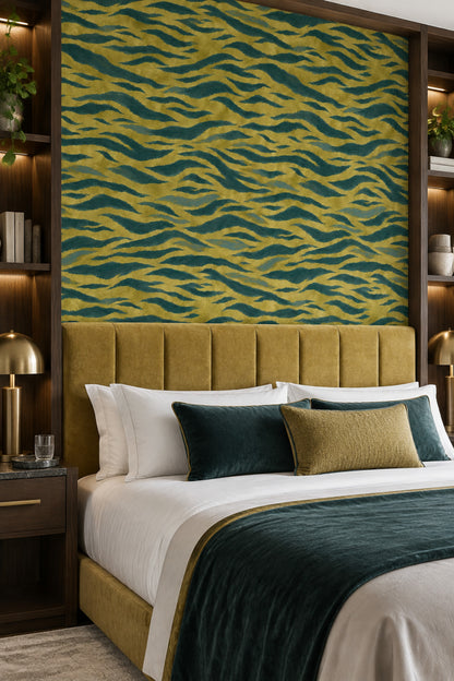 Wavy Animal Print Stripes Wallpaper Textured Gold Teal