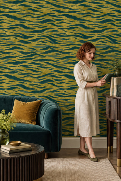 Wavy Animal Print Stripes Wallpaper Textured Gold Teal