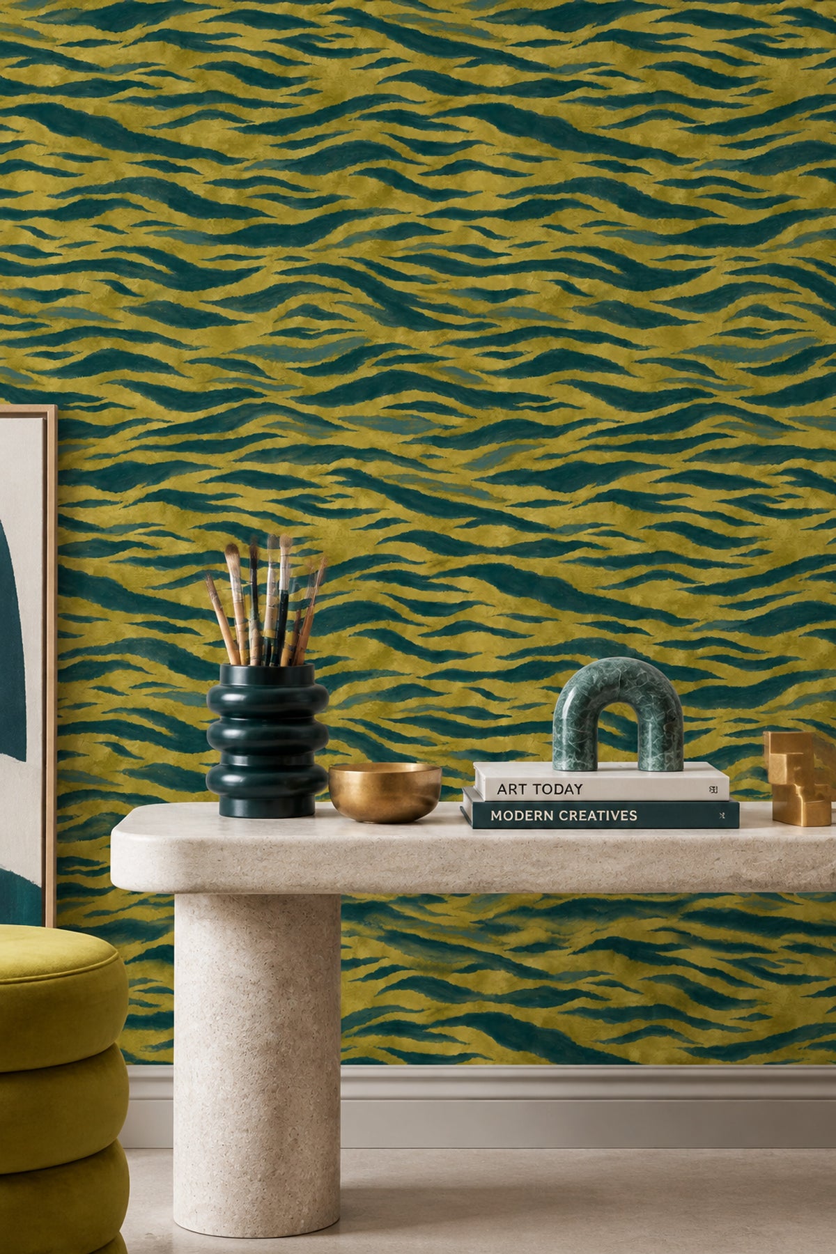 Wavy Animal Print Stripes Wallpaper Textured Gold Teal