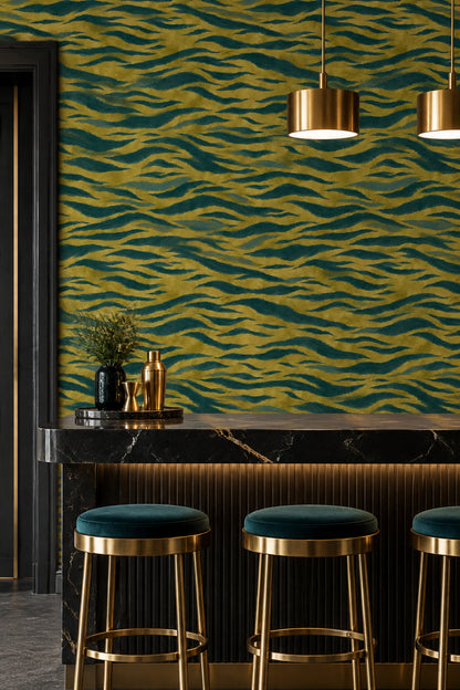 Wavy Animal Print Stripes Wallpaper Textured Gold Teal