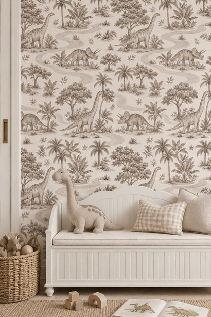 Vintage Dinosaurs Wallpaper Sepia Tropical Toile