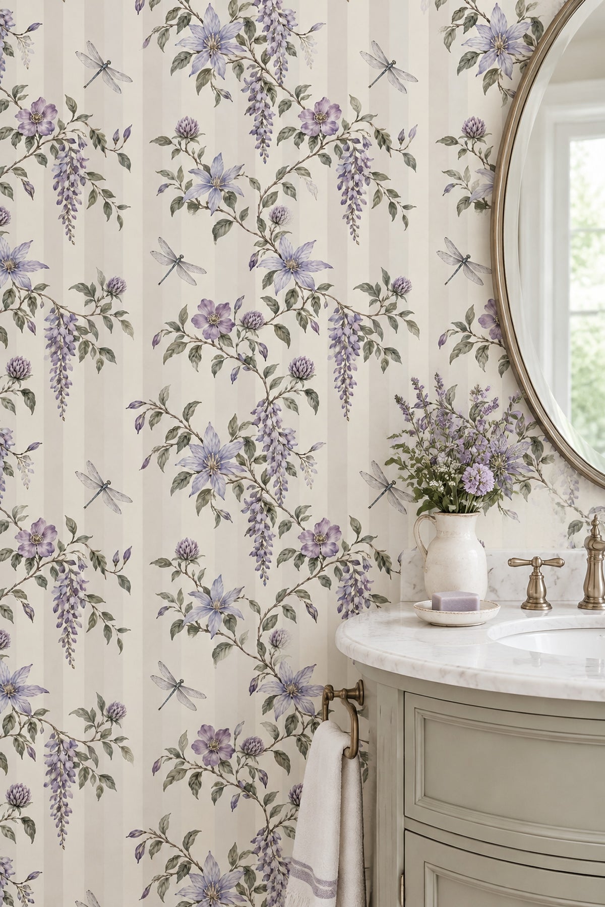 Lavender Flower And Dragonfly Wallpaper Cream Striped Botanical
