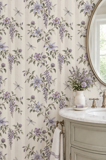 Lavender Flower And Dragonfly Wallpaper Cream Striped Botanical