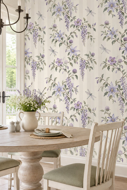 Lavender Flower And Dragonfly Wallpaper Cream Striped Botanical