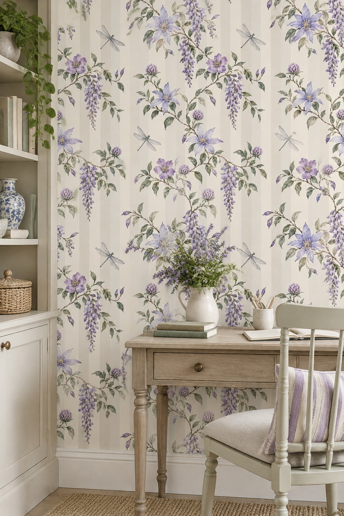 Lavender Flower And Dragonfly Wallpaper Cream Striped Botanical