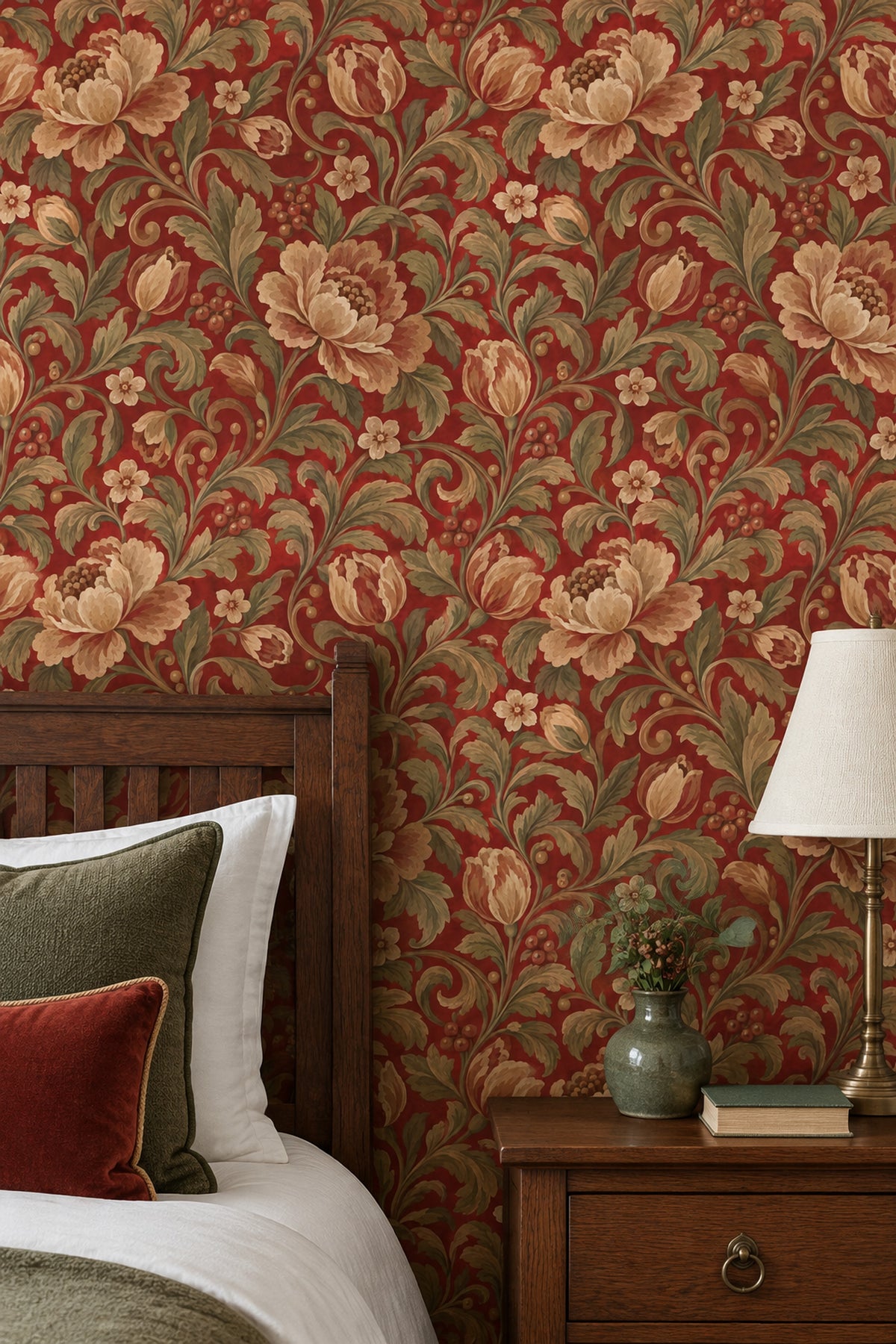Cream Botanical Flowers Wallpaper Scrolling Vines On Burgundy