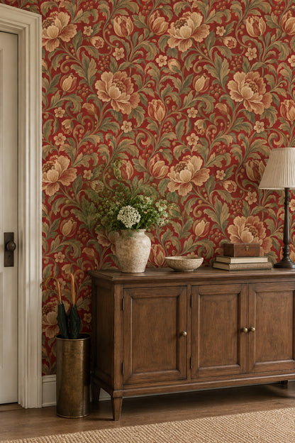 Cream Botanical Flowers Wallpaper Scrolling Vines On Burgundy