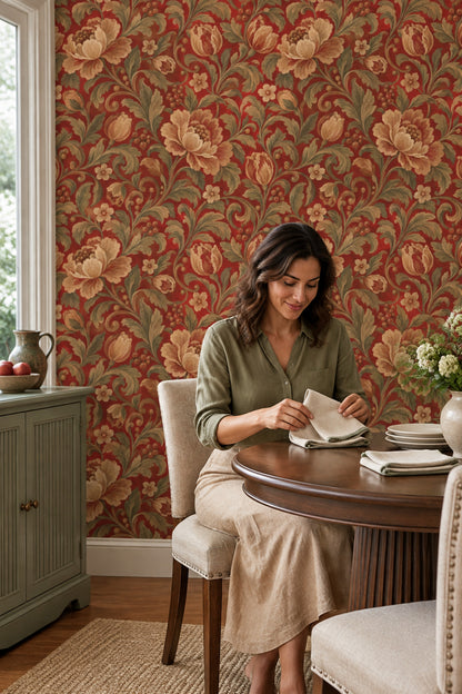 Cream Botanical Flowers Wallpaper Scrolling Vines On Burgundy