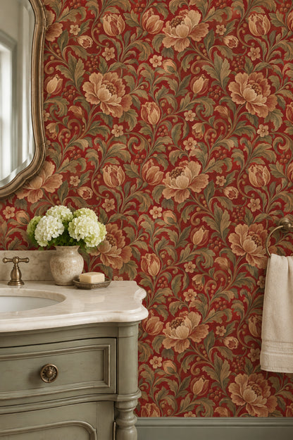 Cream Botanical Flowers Wallpaper Scrolling Vines On Burgundy