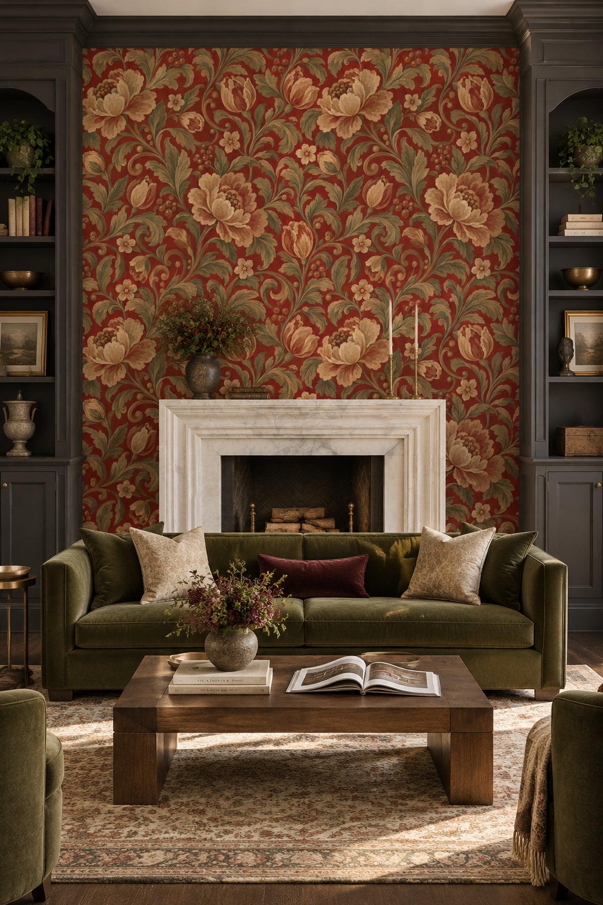 Cream Botanical Flowers Wallpaper Scrolling Vines On Burgundy