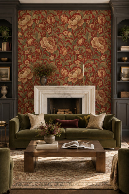Cream Botanical Flowers Wallpaper Scrolling Vines On Burgundy