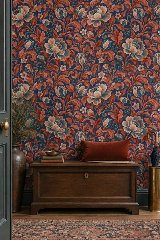 Large Vintage Floral Sprigs Wallpaper Dark Navy Botanical