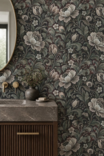 Large Vintage Blossoms Wallpaper Dark Floral Botanical Vines