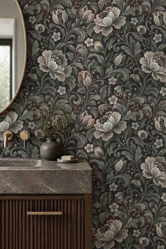 Large Vintage Blossoms Wallpaper Dark Floral Botanical Vines