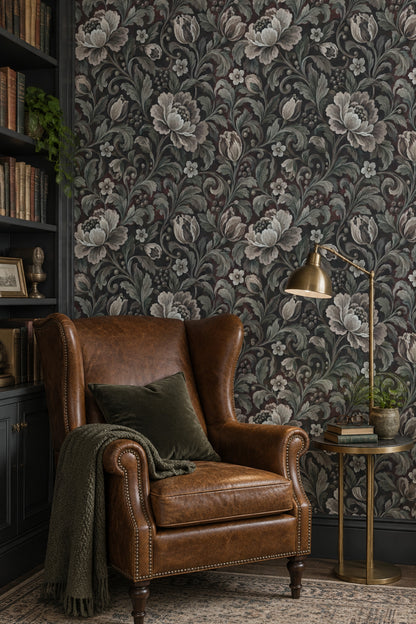 Large Vintage Blossoms Wallpaper Dark Floral Botanical Vines