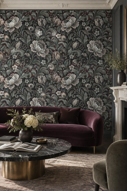 Large Vintage Blossoms Wallpaper Dark Floral Botanical Vines