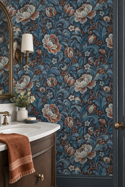 Large Vintage Flowers Wallpaper Dark Floral Teal Navy
