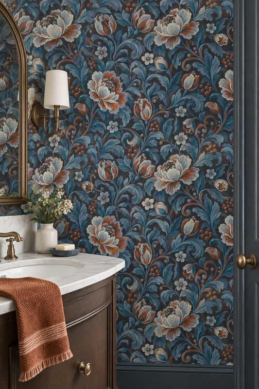 Large Vintage Flowers Wallpaper Dark Floral Teal Navy