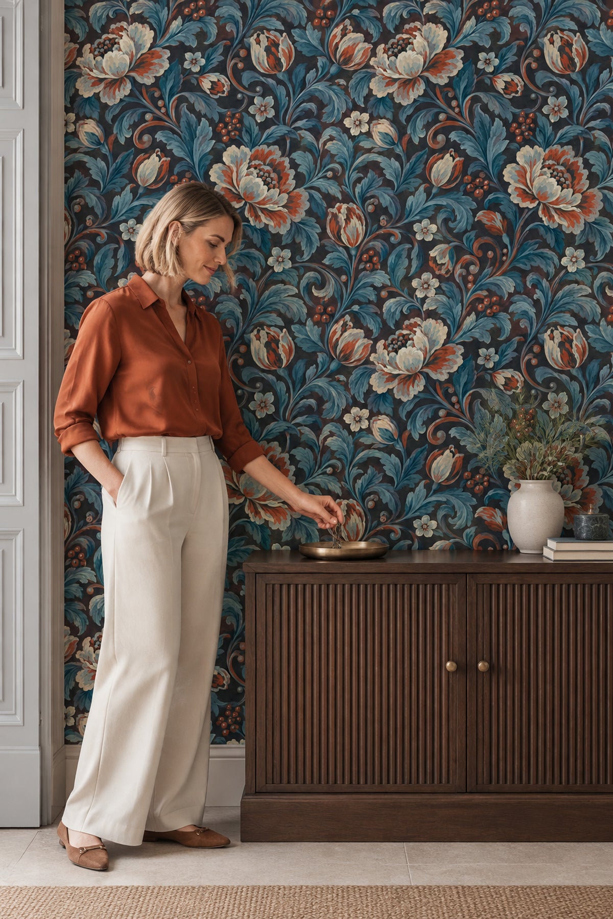 Large Vintage Flowers Wallpaper Dark Floral Teal Navy
