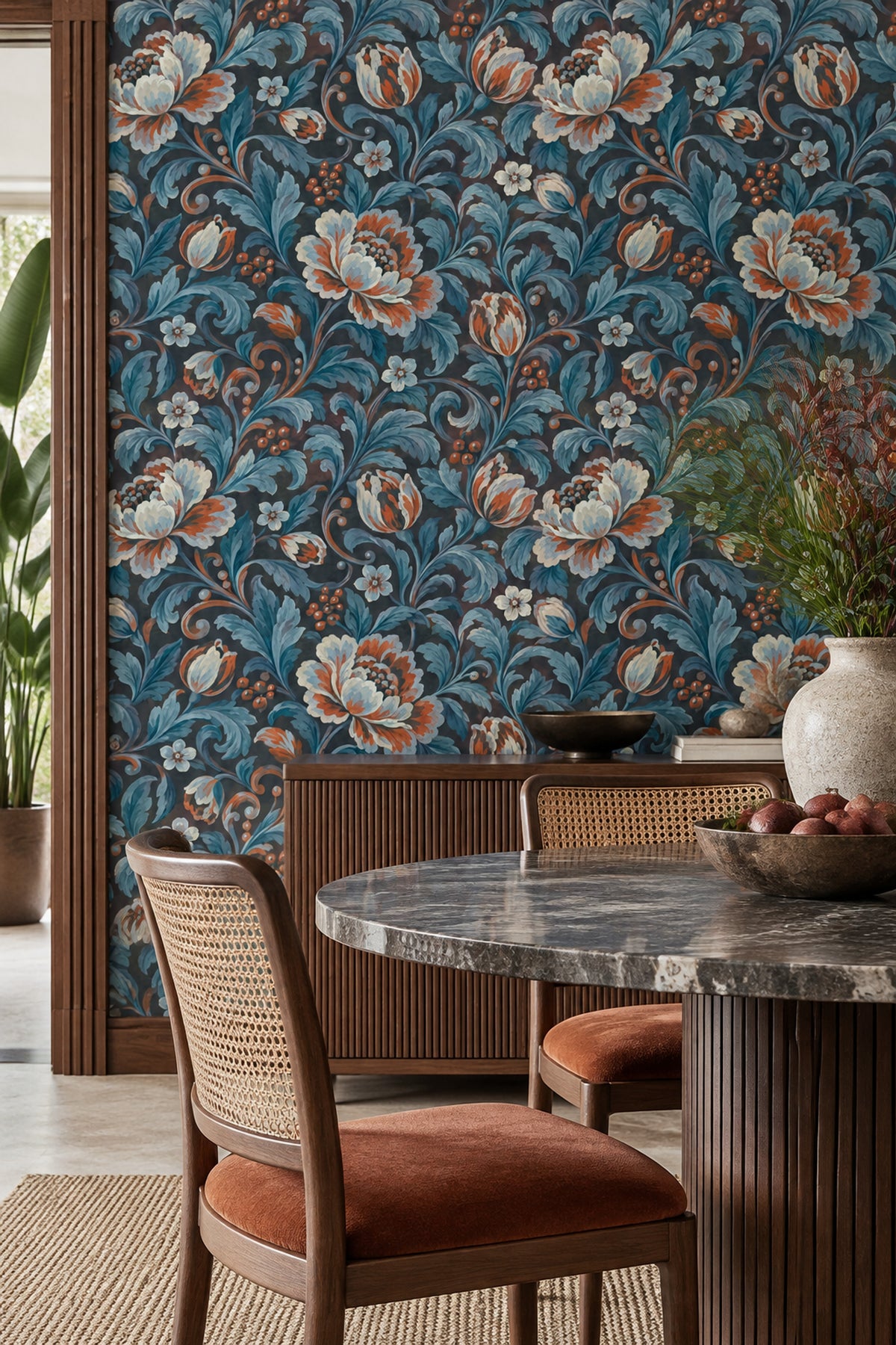 Large Vintage Flowers Wallpaper Dark Floral Teal Navy