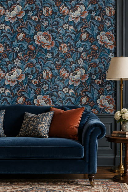 Large Vintage Flowers Wallpaper Dark Floral Teal Navy