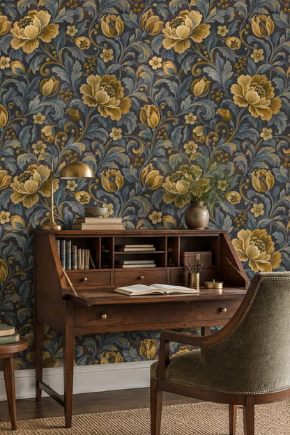Golden Flower Wallpaper Dark Floral Botanical Pattern