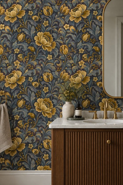 Golden Flower Wallpaper Dark Floral Botanical Pattern