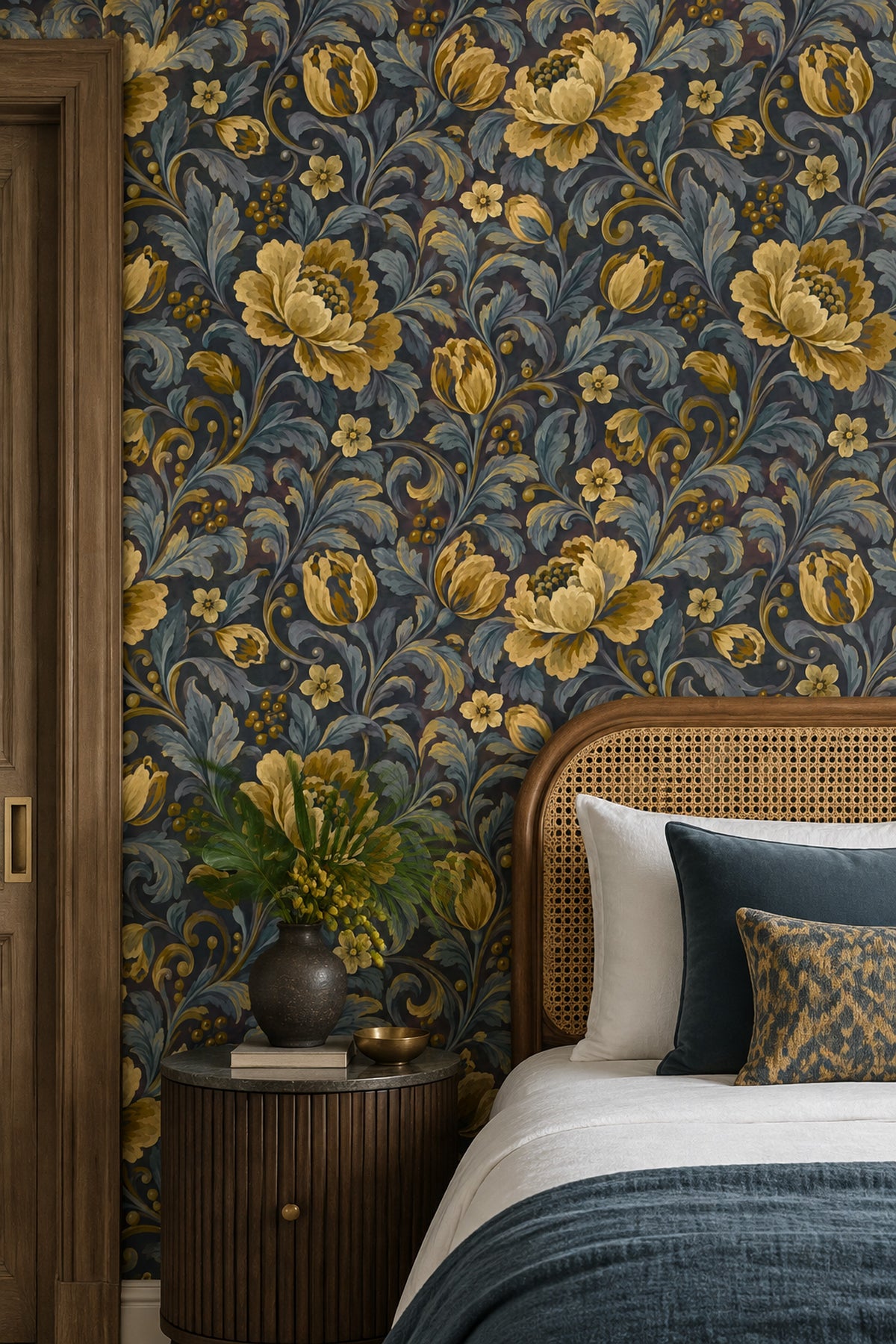 Golden Flower Wallpaper Dark Floral Botanical Pattern