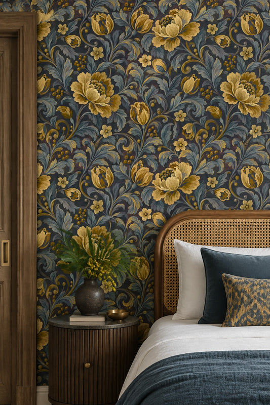 Golden Flower Wallpaper Dark Floral Botanical Pattern