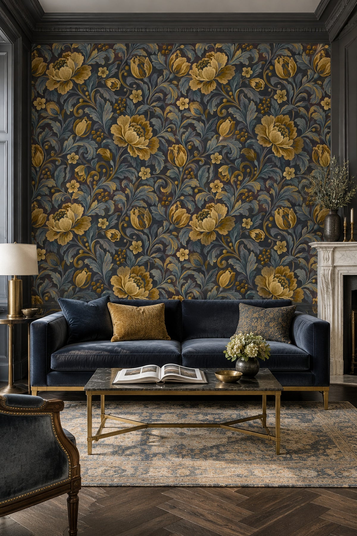 Golden Flower Wallpaper Dark Floral Botanical Pattern