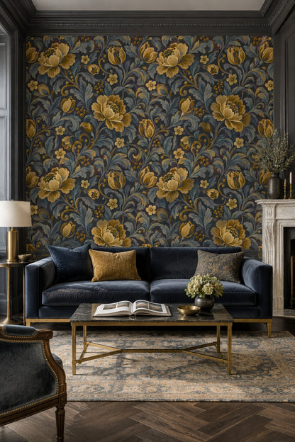 Golden Flower Wallpaper Dark Floral Botanical Pattern