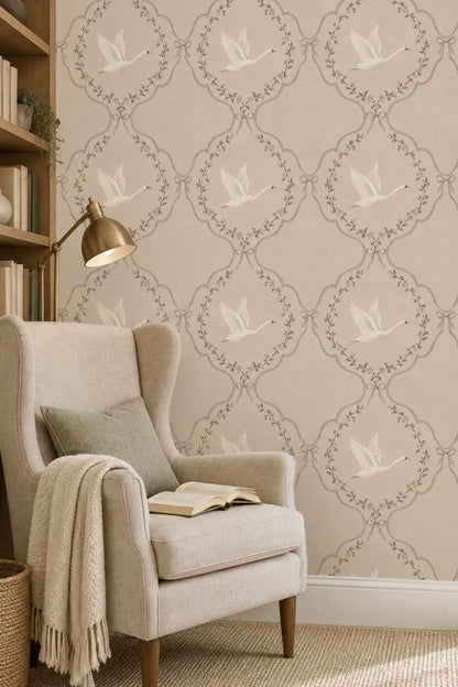 White Swans And Rose Medallions Wallpaper Muted Green Cream
