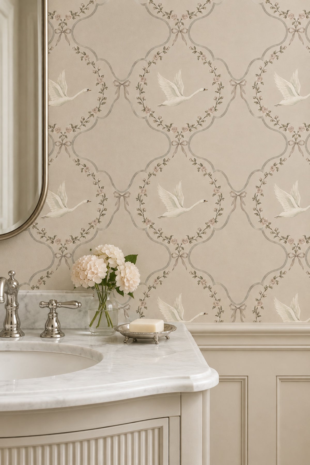 White Swans And Rose Medallions Wallpaper Muted Green Cream