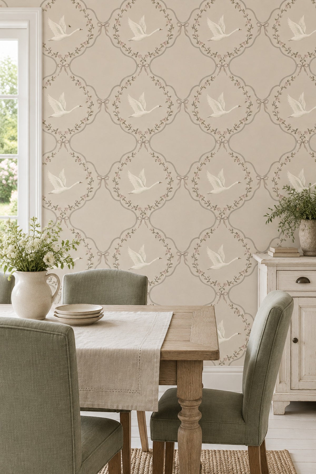 White Swans And Rose Medallions Wallpaper Muted Green Cream