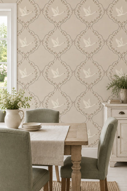 White Swans And Rose Medallions Wallpaper Muted Green Cream