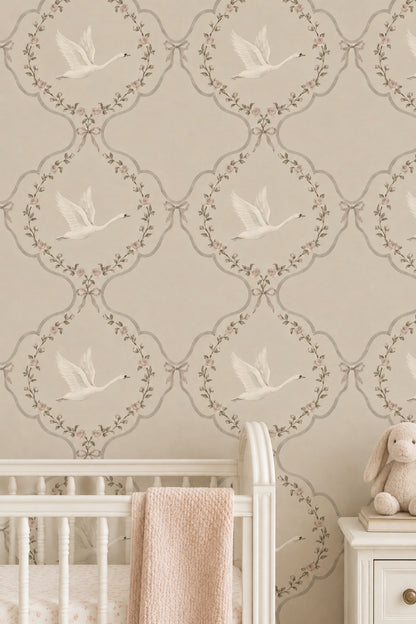 White Swans And Rose Medallions Wallpaper Muted Green Cream