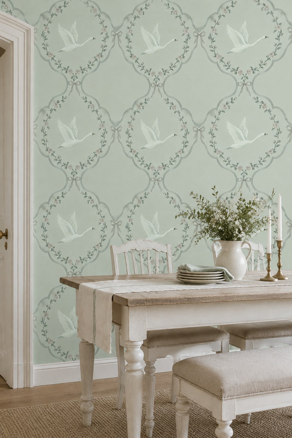 White Swan And Rose Medallion Wallpaper Muted Green