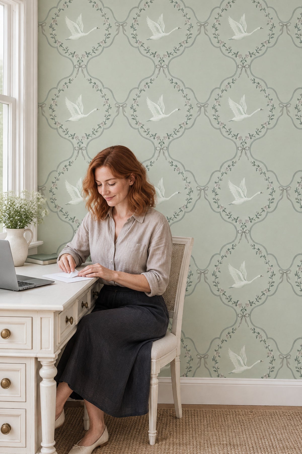 White Swan And Rose Medallion Wallpaper Muted Green
