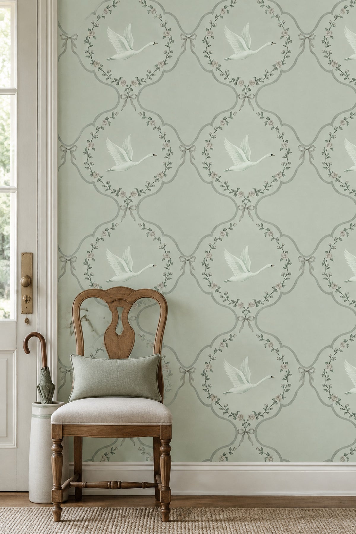 White Swan And Rose Medallion Wallpaper Muted Green