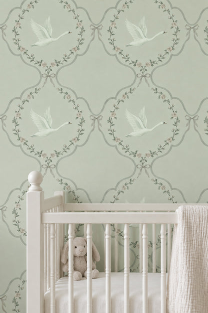 White Swan And Rose Medallion Wallpaper Muted Green