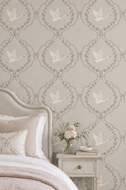 White Swans And Rose Medallions Wallpaper Muted Green