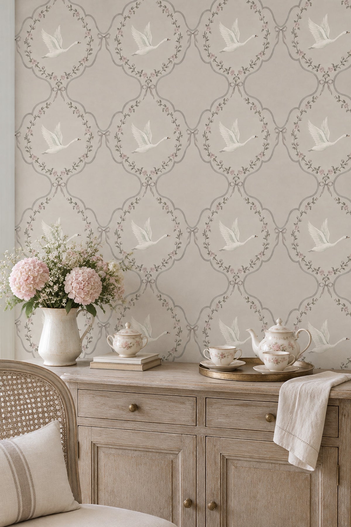White Swans And Rose Medallions Wallpaper Muted Green