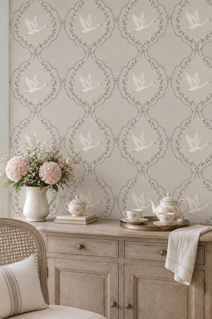 White Swans And Rose Medallions Wallpaper Muted Green
