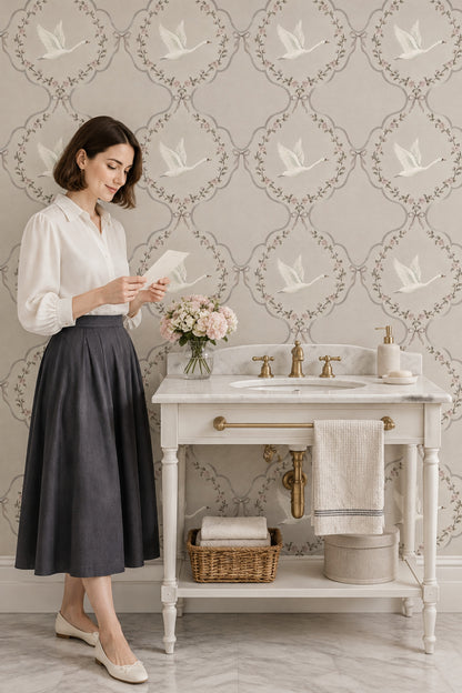 White Swans And Rose Medallions Wallpaper Muted Green