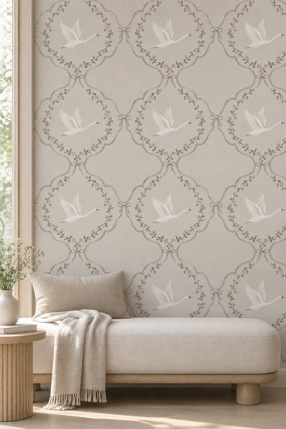 White Swans And Rose Medallions Wallpaper Muted Green