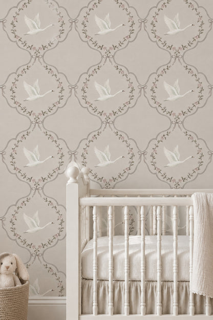 White Swans And Rose Medallions Wallpaper Muted Green