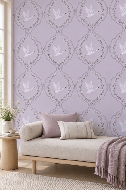 White Swans And Rose Garlands Wallpaper Purple Background
