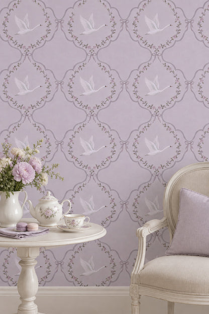 White Swans And Rose Garlands Wallpaper Purple Background