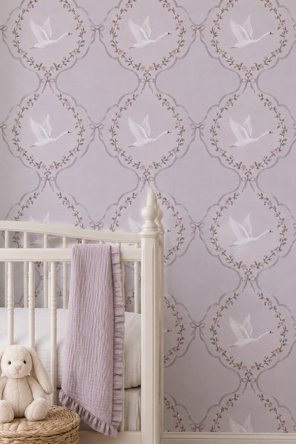 White Swans And Rose Garlands Wallpaper Purple Background