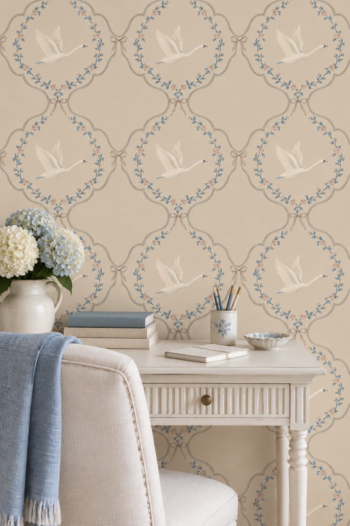 Flying Swans Wallpaper Floral Garland Trellis In Light Beige